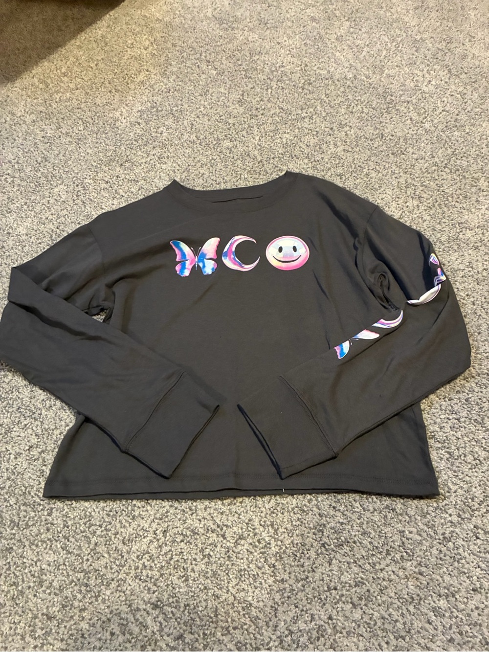 SO Black Long Sleeve Tee with Rainbow Butterfly Moon & Smiley